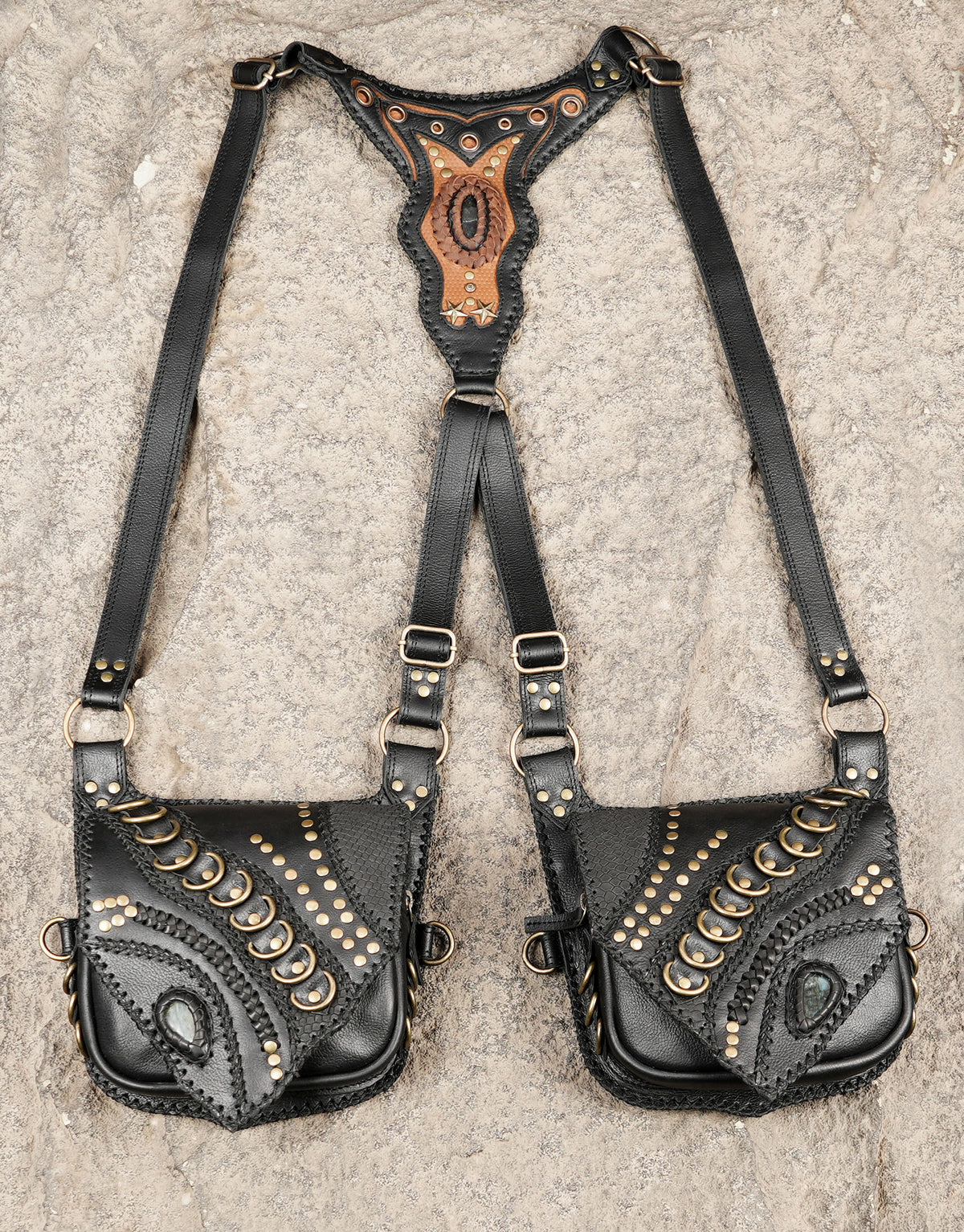 Black Leather Shoulder Holster Bag with Studded Dual Pouches