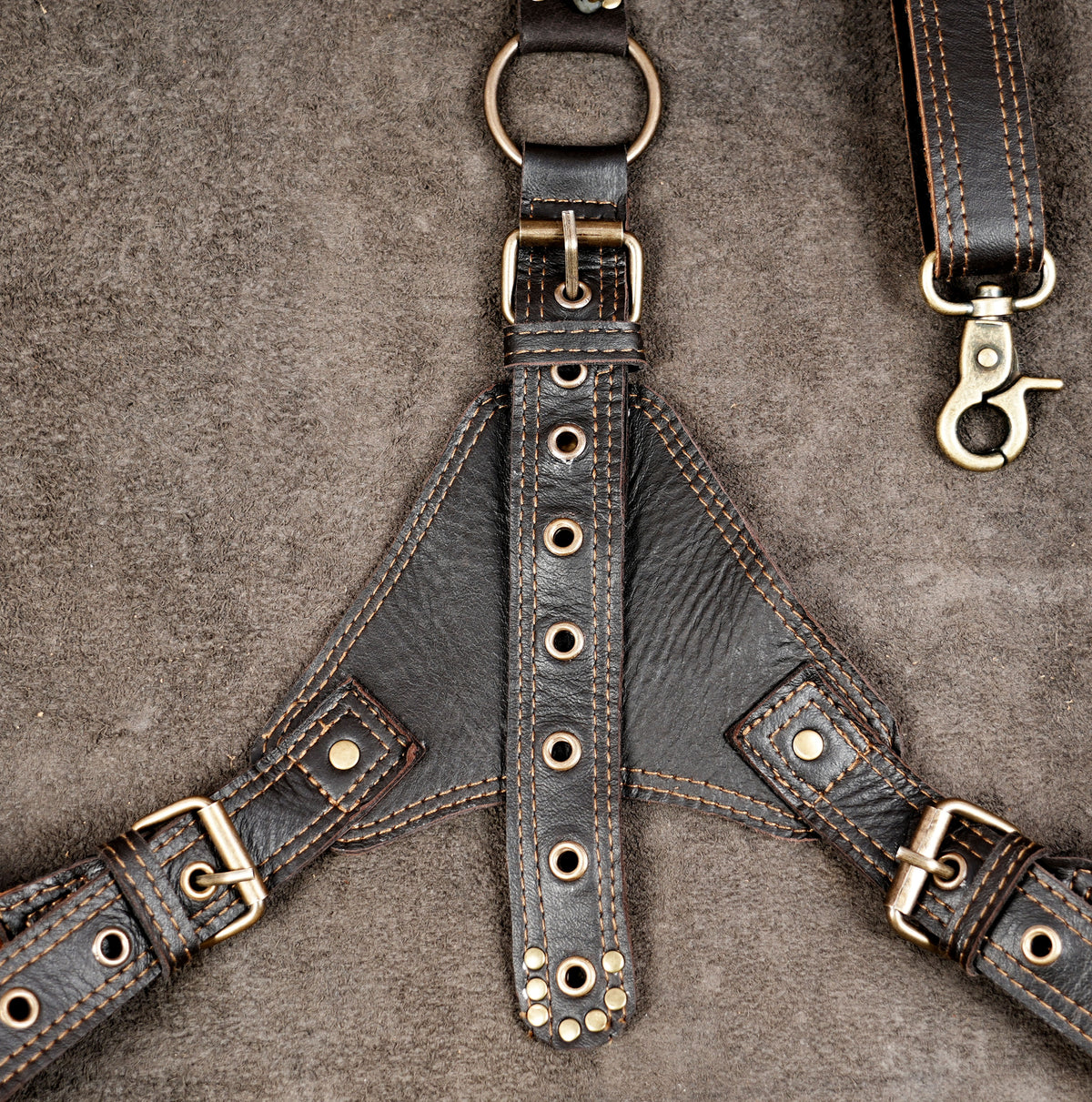 Studded leather shoulder holster bag with two side utility pockets