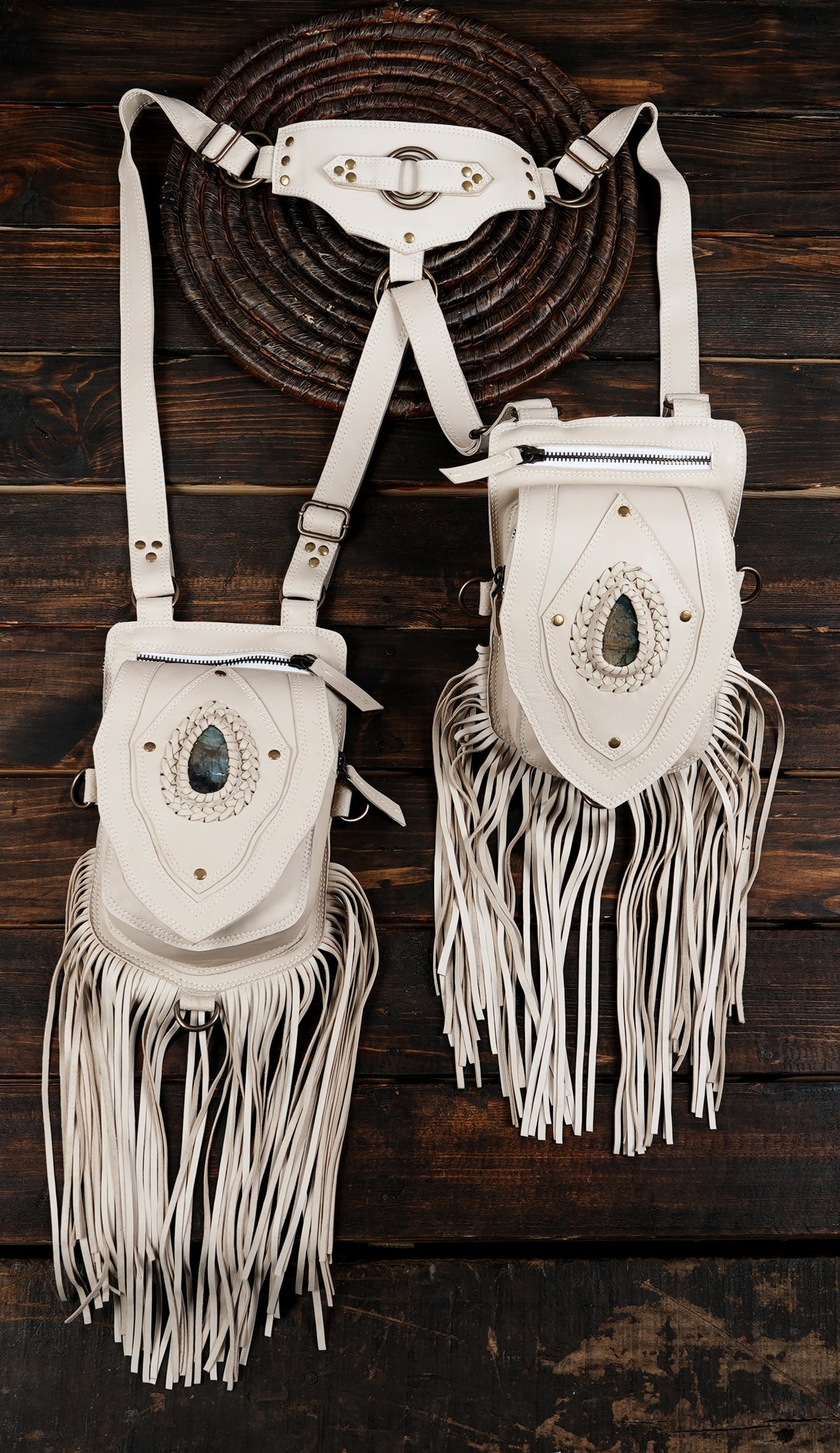 White leather double holster bag harness with gemstone details