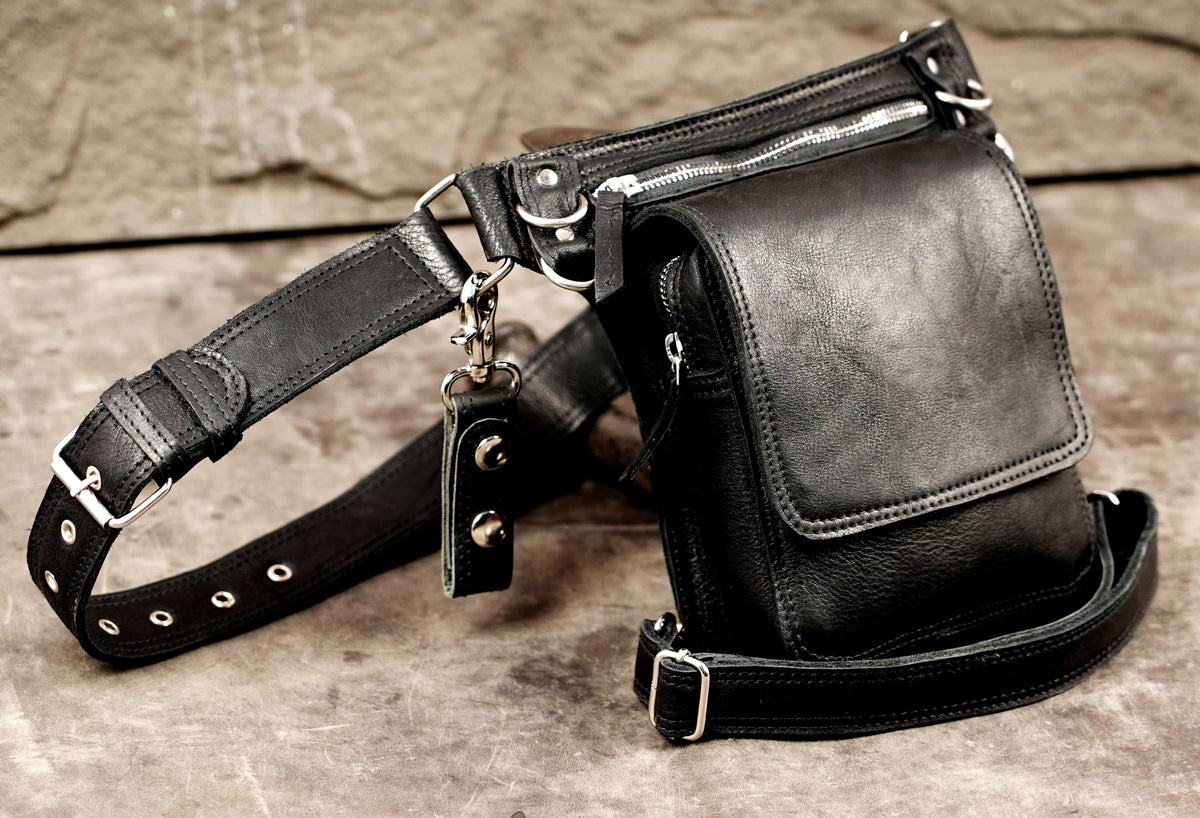 Handmade biker leg pouch with silver-tone clips and rings
