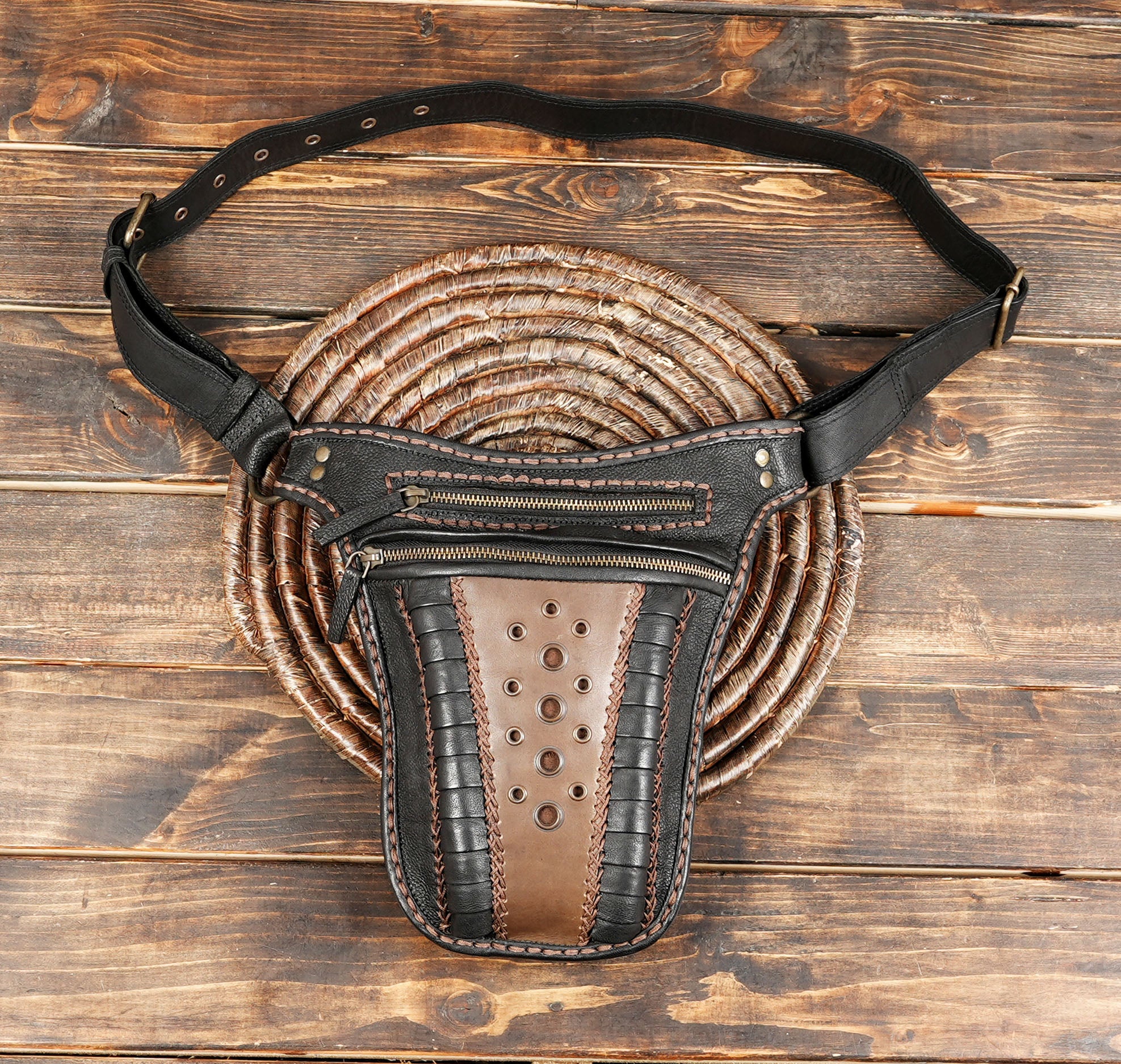 Handmade black and brown leather waist bag with zipper pockets