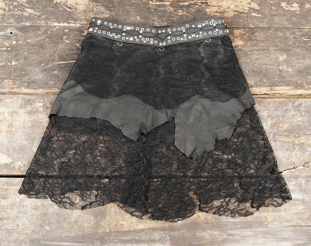 Handmade black leather and floral lace skirt with eyelet waistband