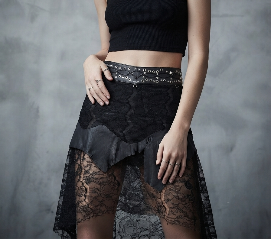 Handmade black leather and floral lace skirt with eyelet waistband
