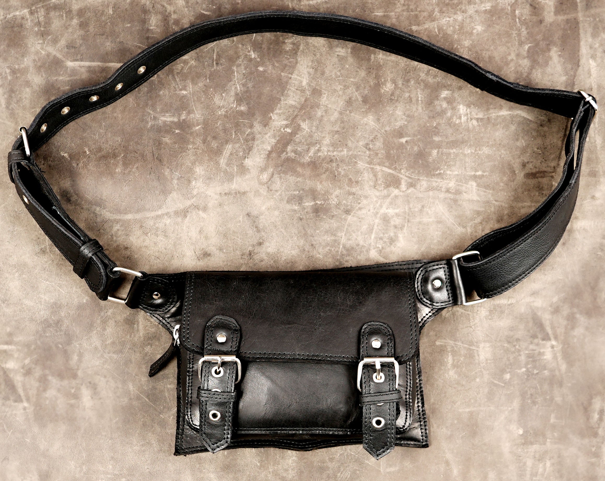 Handmade black leather belt bag with double buckle straps