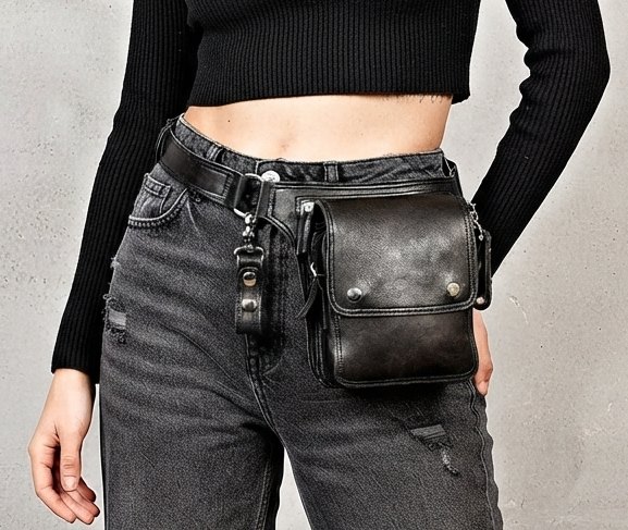 Handmade black leather belt bag with double snap pockets