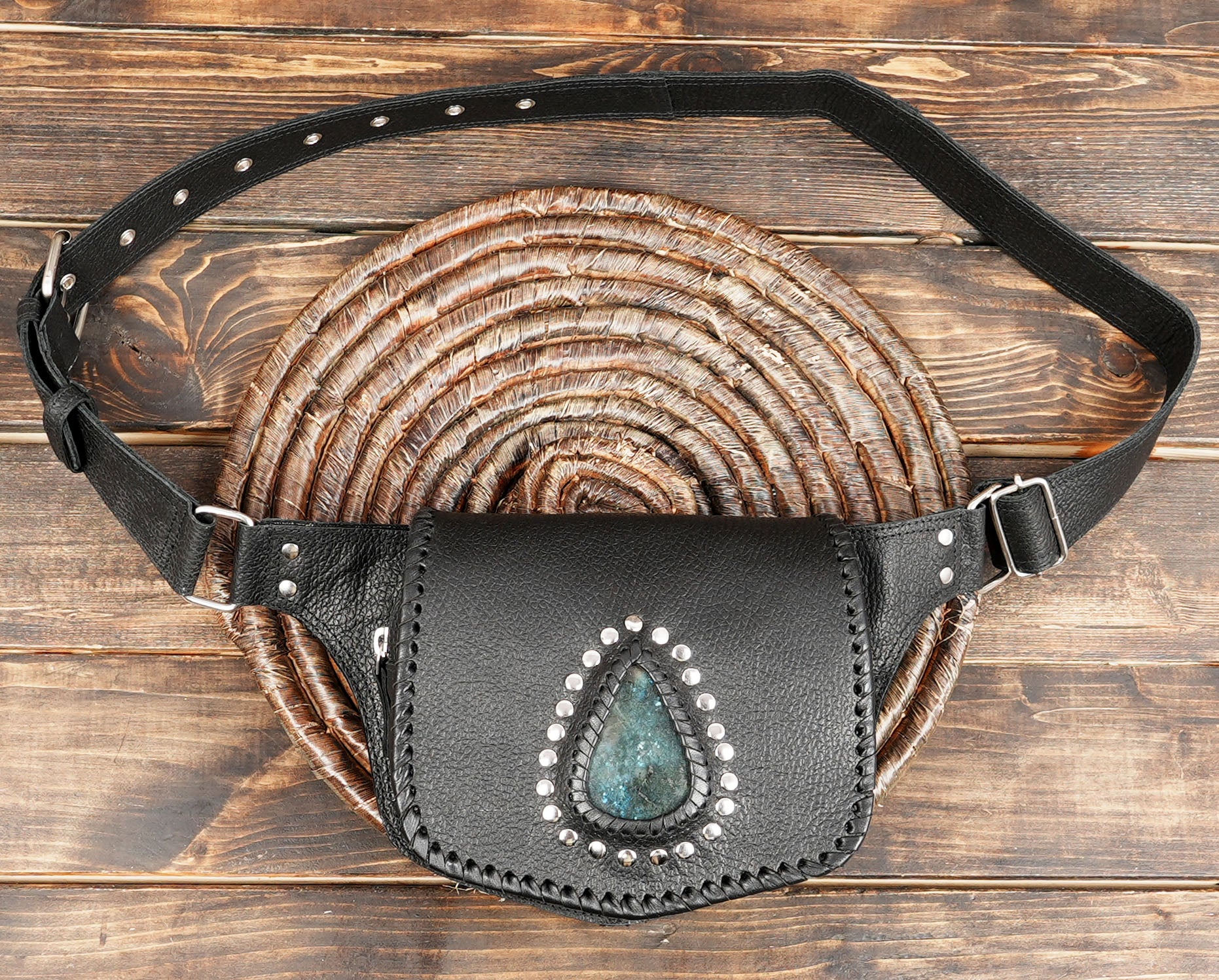 Handmade black leather belt bag with labradorite teardrop stone