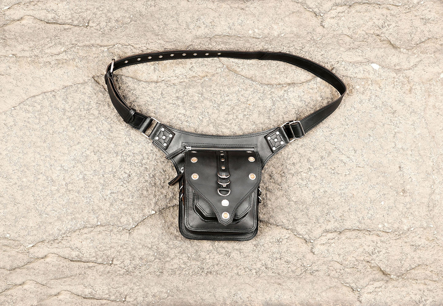 Handmade black leather belt bag with studded V design