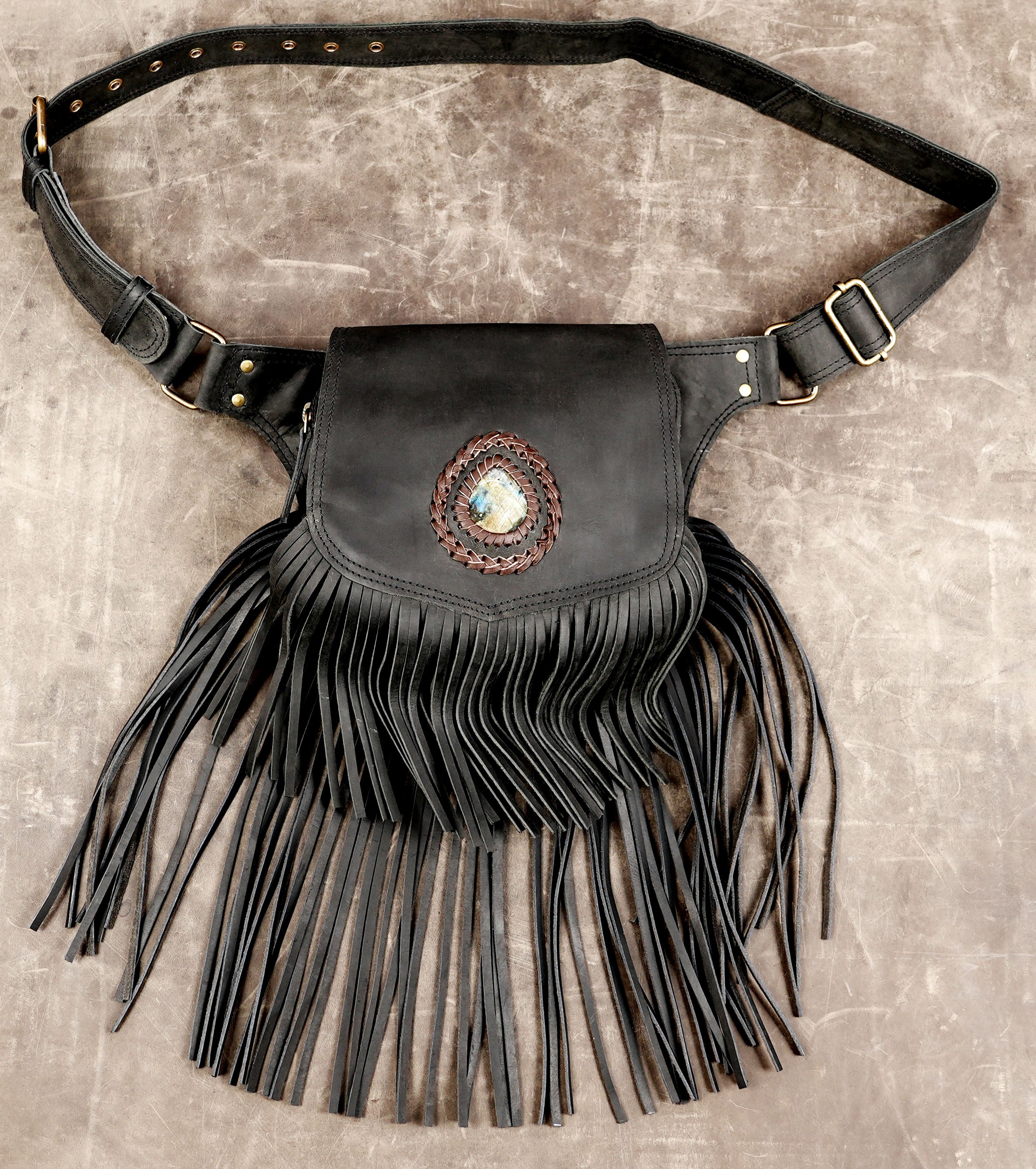 Handmade black leather fringe waist bag with Labradorite gemstone