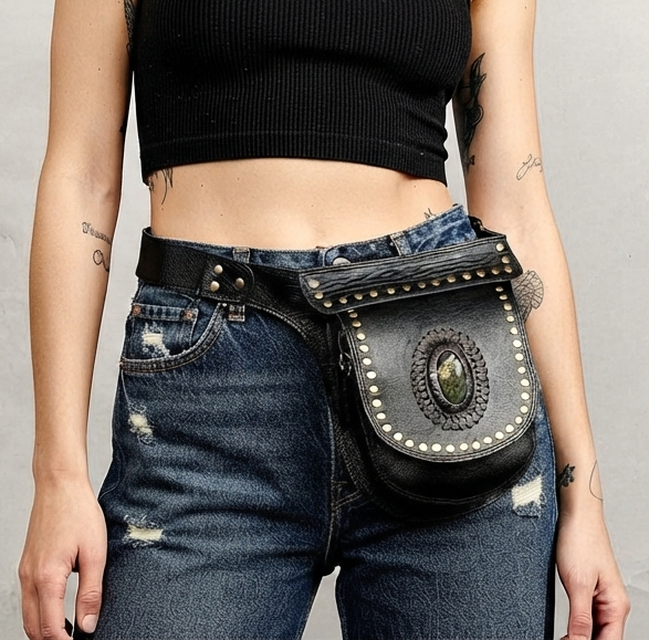 Handmade black leather hip bag with labradorite stone centerpiece