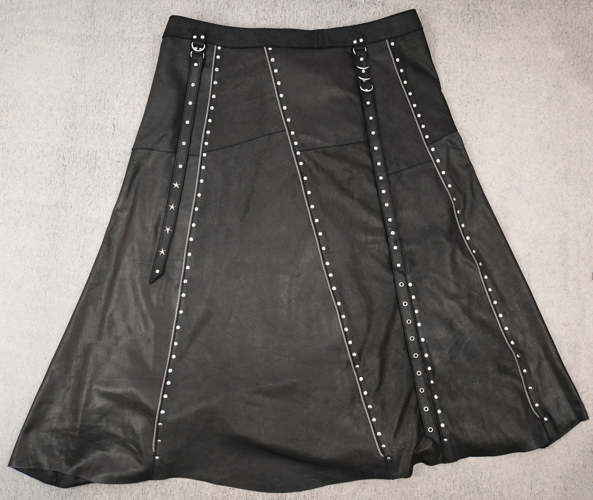 Handmade black leather maxi skirt with zippers and metal studs
