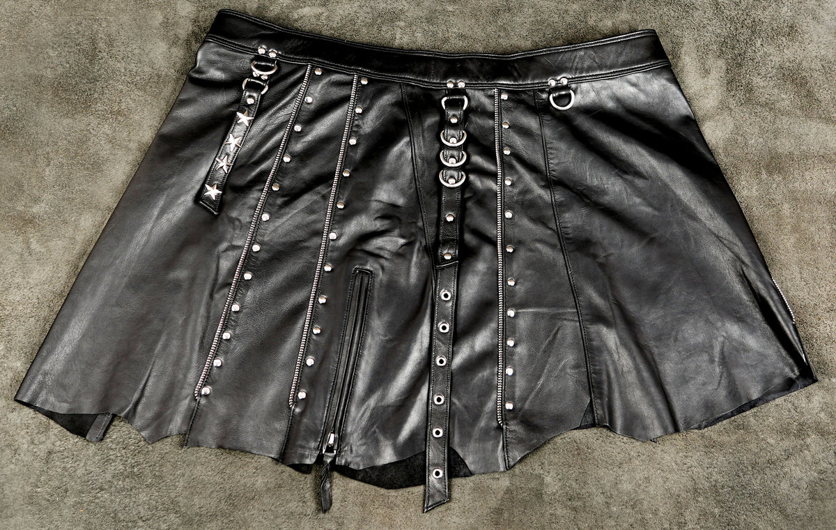 Handmade black leather mini skirt with zipper and metal studs