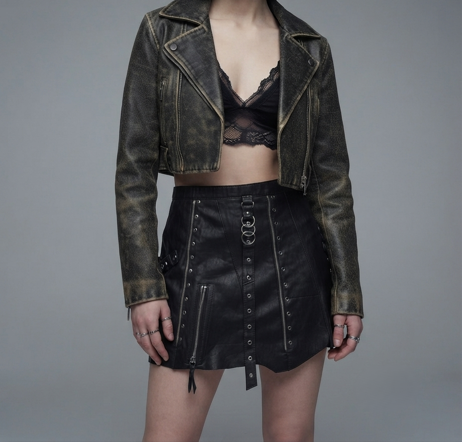Handmade black leather mini skirt with zipper and metal studs