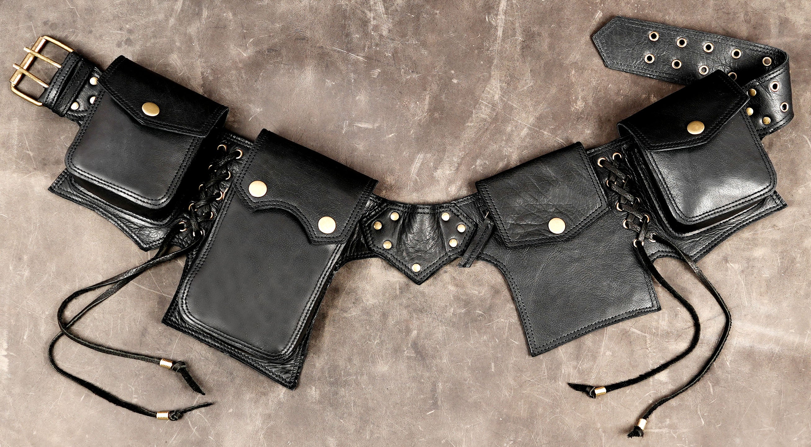 Handmade black leather multi-pocket waist bag