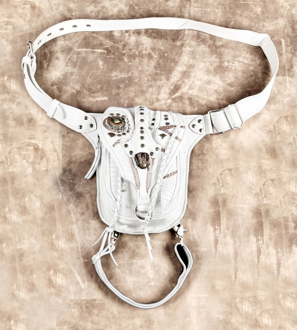 Gothic black leather waist holster with decorative stitching and adjustable straps