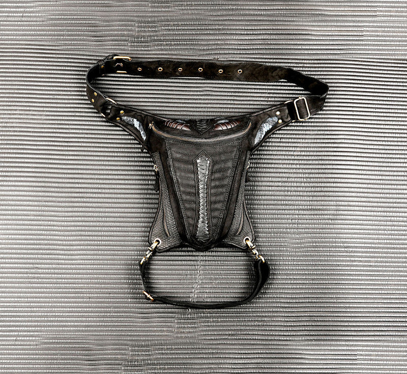 Handmade black leather thigh bag with antique brass hardware