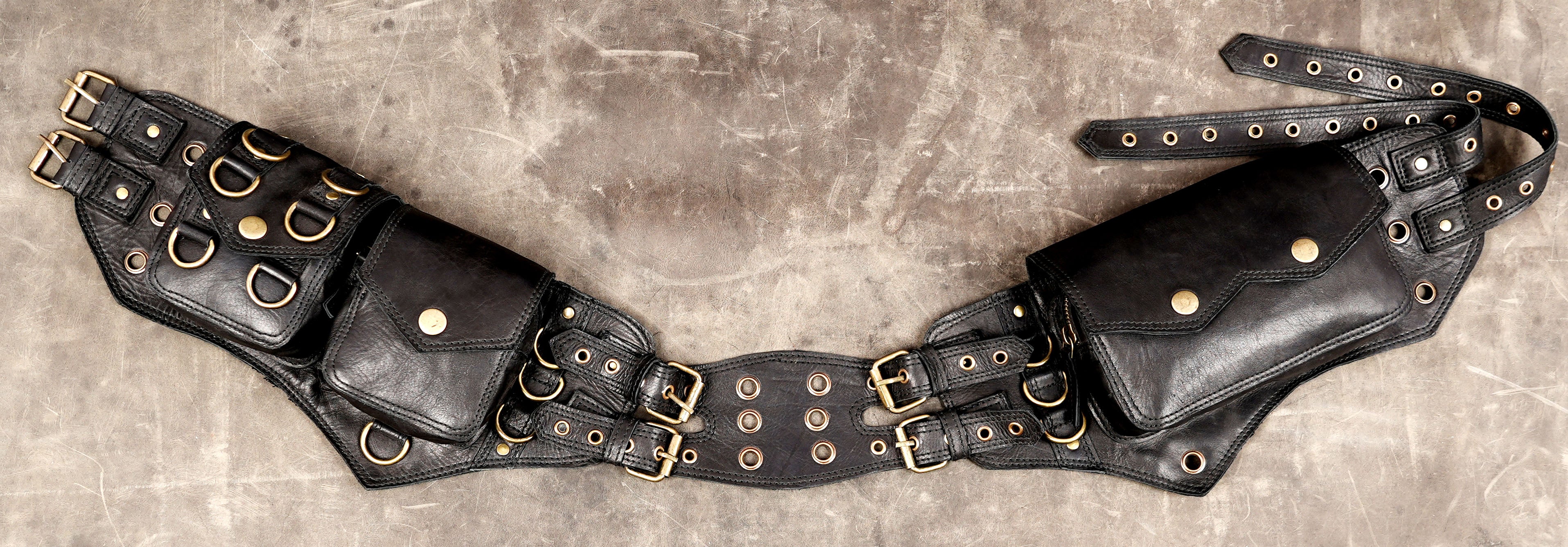 Handmade black leather utility belt bag with multiple pockets