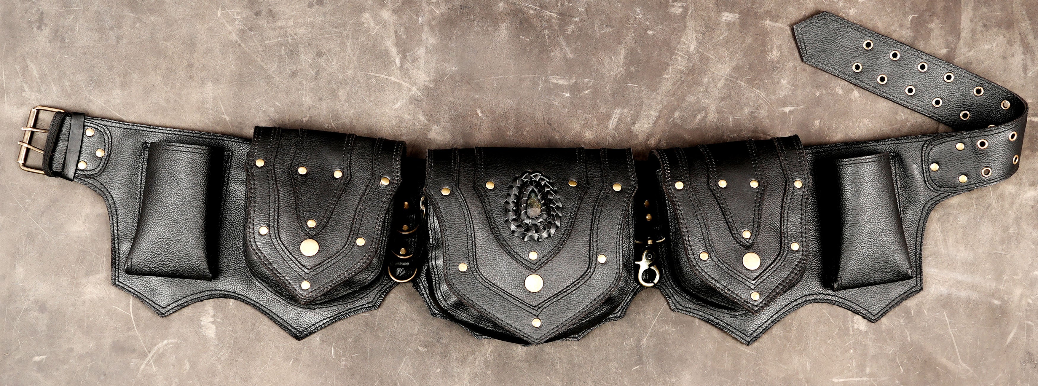 Handmade black leather utility waist belt bag with multiple pockets
