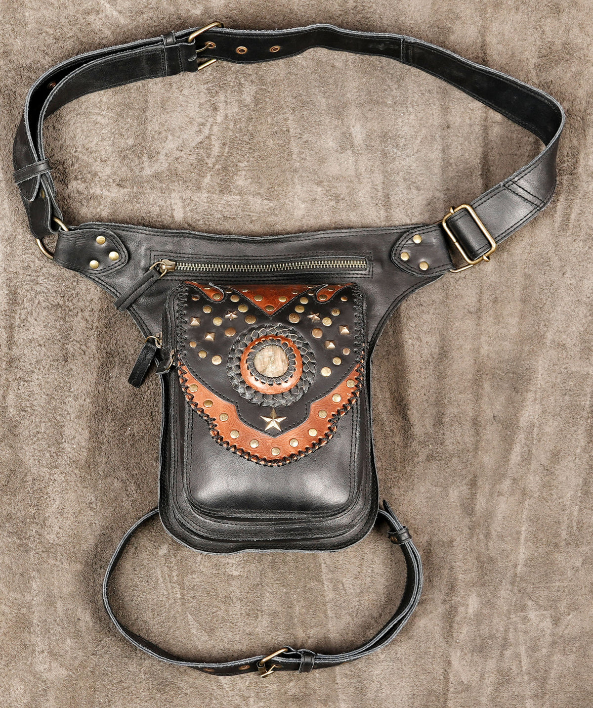Handmade black leather waist and thigh bag with star medallion