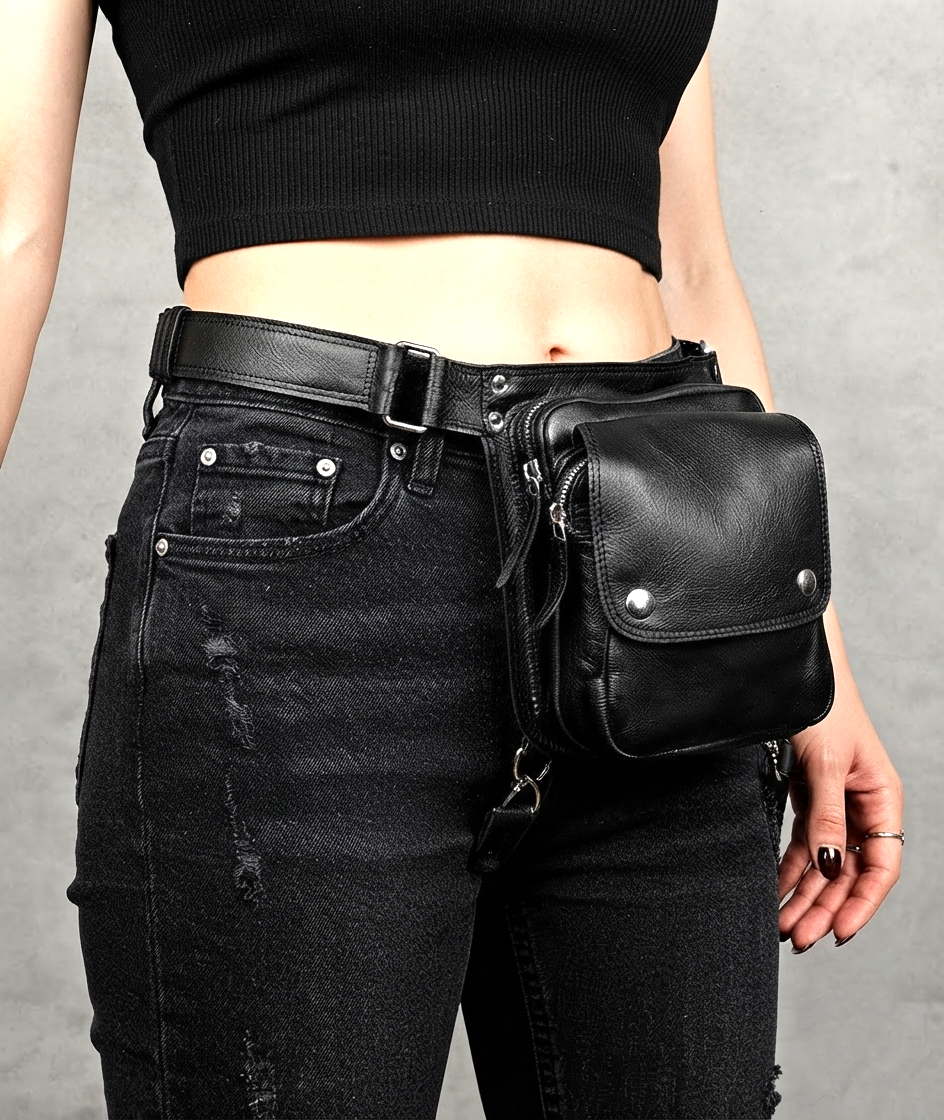 Handmade black leather waist and thigh bag with snap pocket
