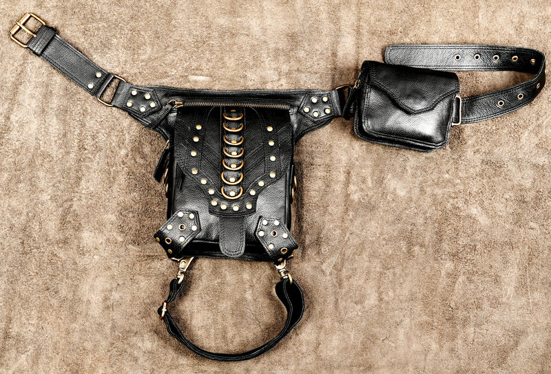 Handmade black leather waist and thigh belt bag with antique brass studs