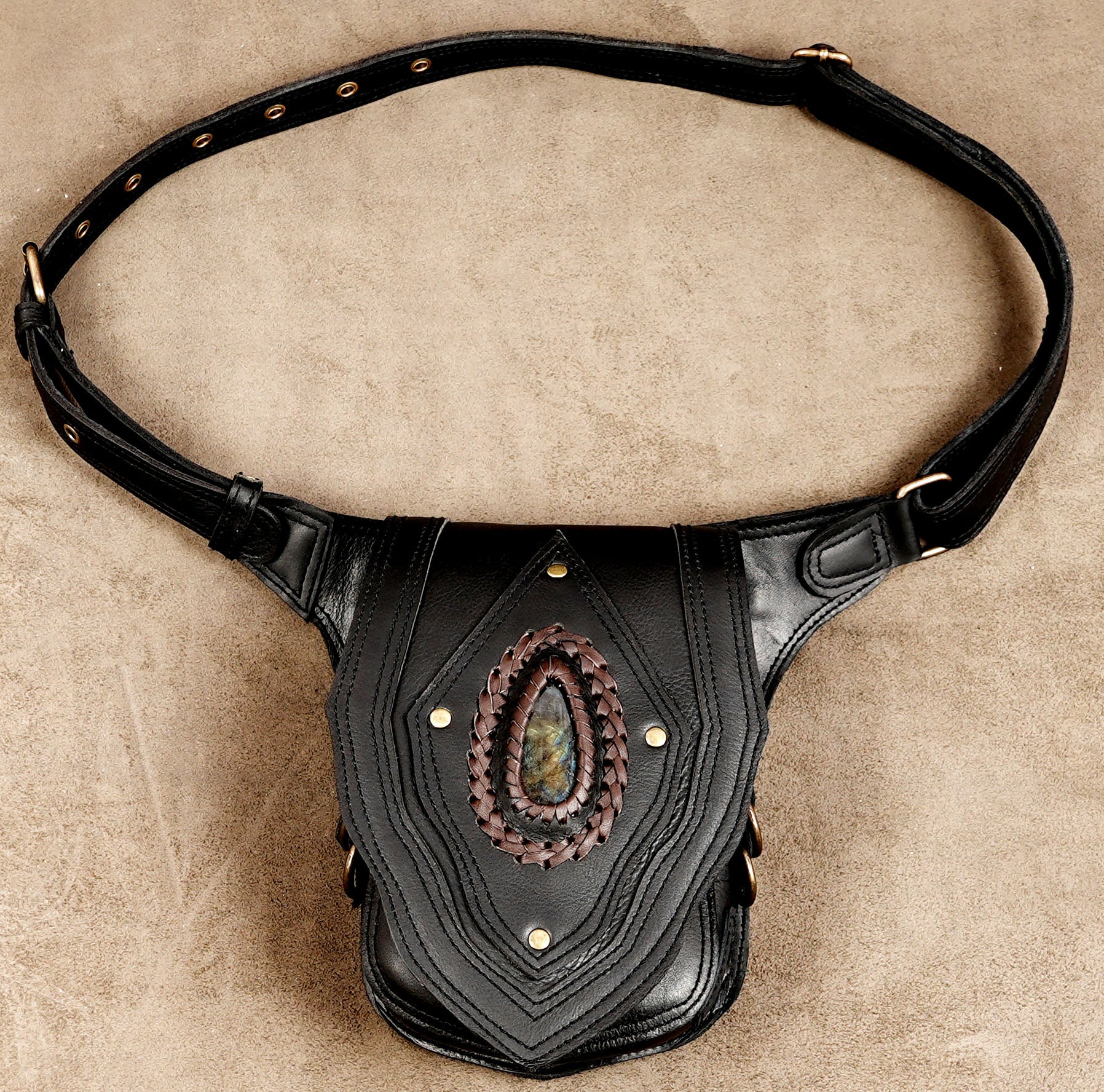 Handmade black leather waist belt bag with labradorite stone