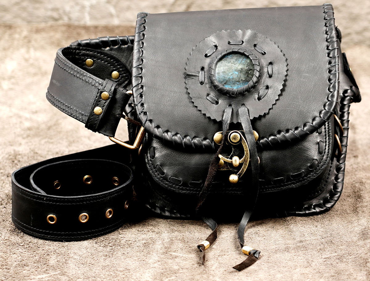 Black leather festival waist bag with Labradorite stone and studs