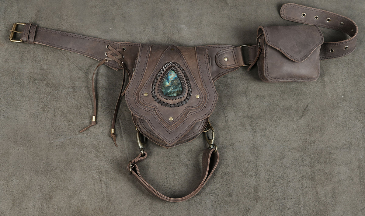 Handmade brown leather waist and thigh bag with labradorite stone