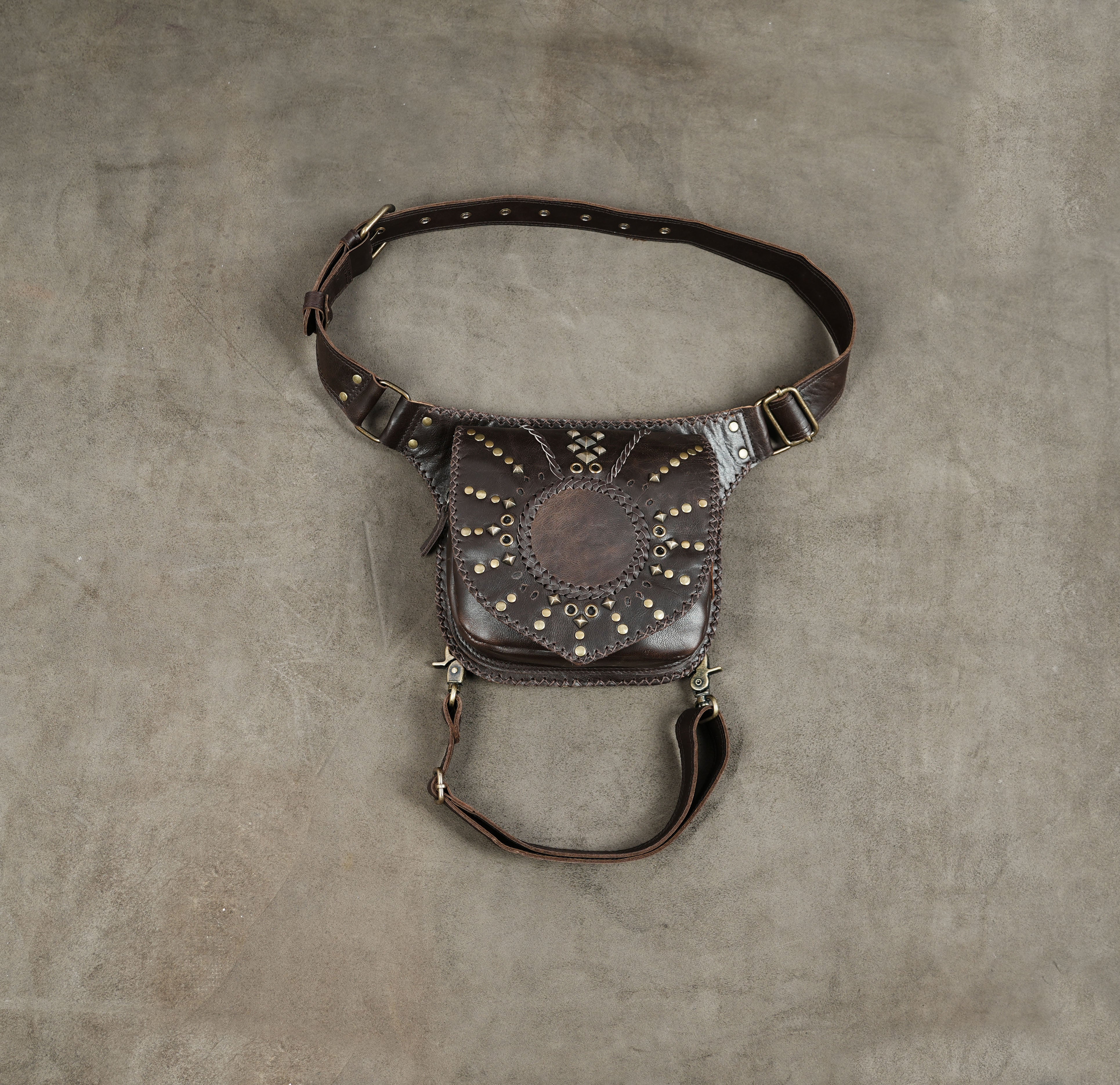 Handmade brown leather waist and thigh belt bag with antique brass studs