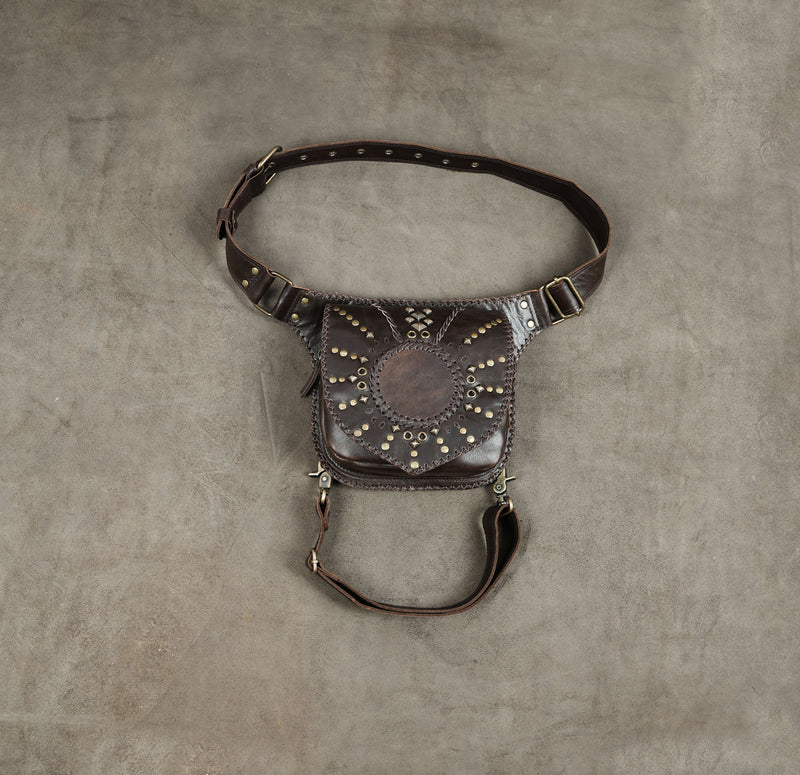 Handmade brown leather waist and thigh belt bag with antique brass studs