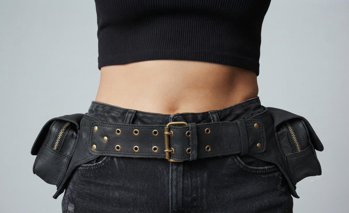 Handmade distressed leather utility belt with double side pockets
