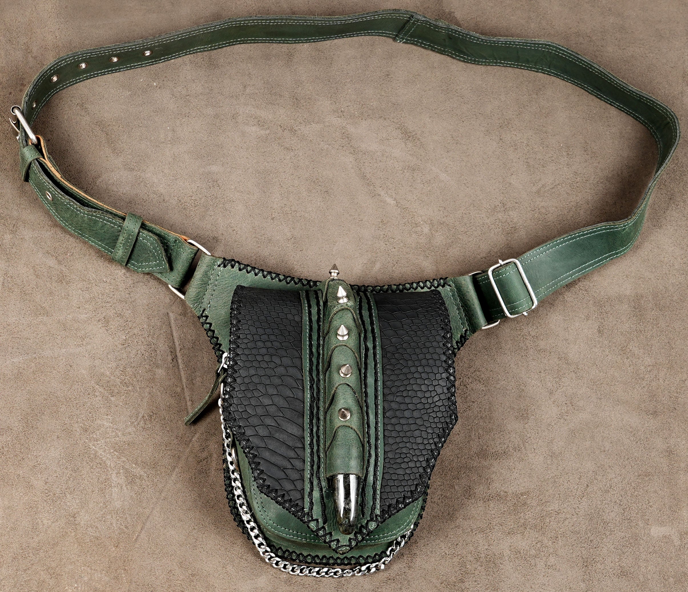 Handmade green and black leather waist belt bag