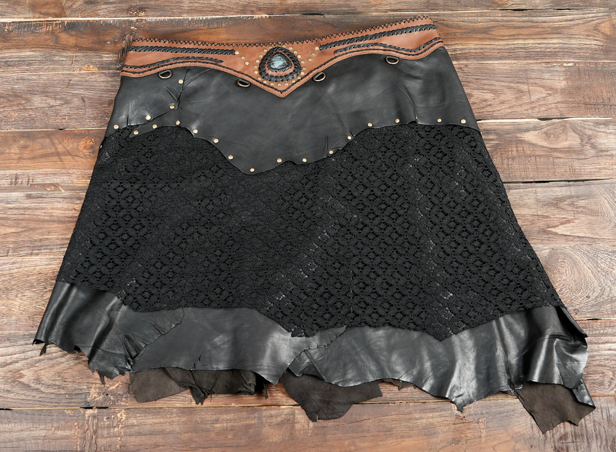 Handmade leather and lace skirt with labradorite stone detail