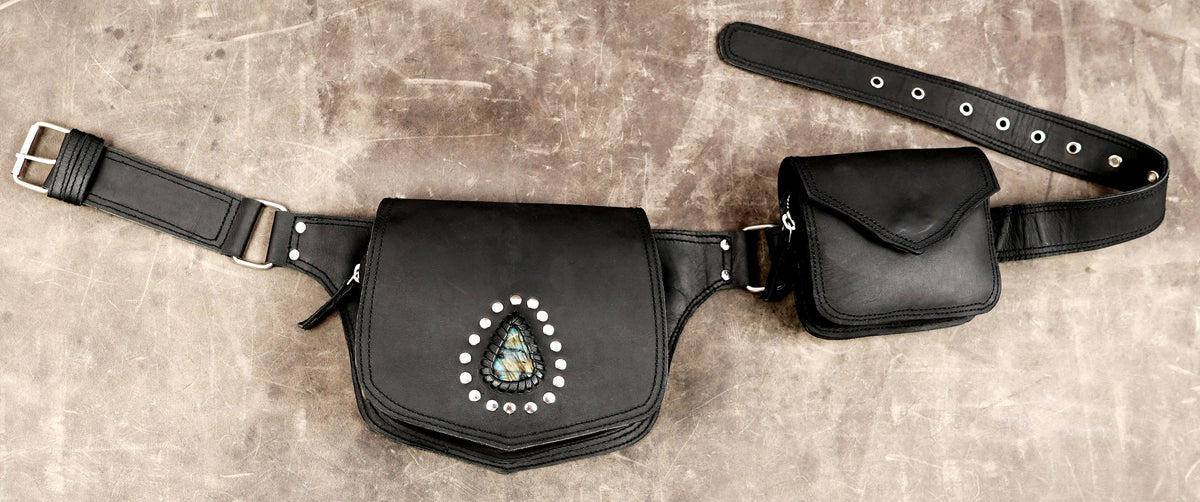 Handmade leather belt bag with labradorite stone and extra pouch