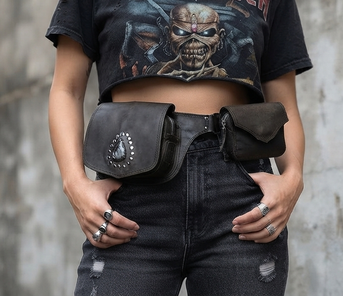Handmade leather belt bag with labradorite stone and extra pouch