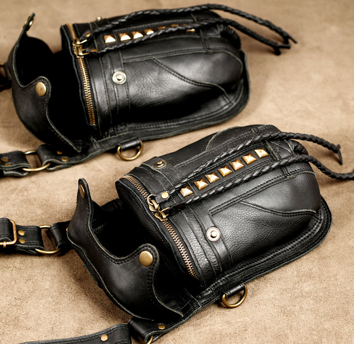 Handmade leather cosplay holster with studded pouch design