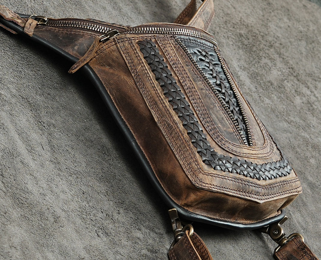 Handmade leather fanny pack with brass buckles