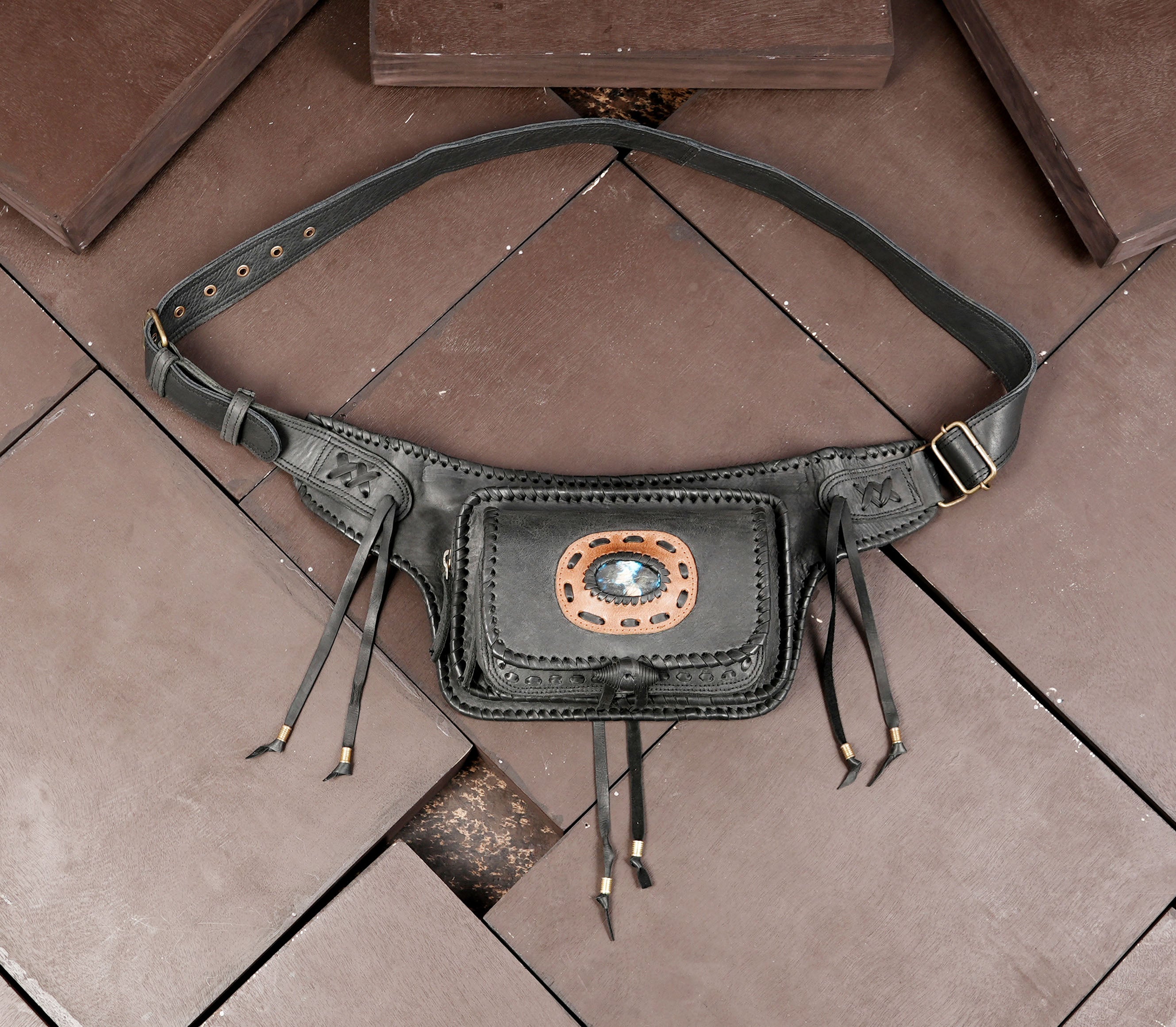 Handmade leather fanny pack with labradorite stone and fringe ties