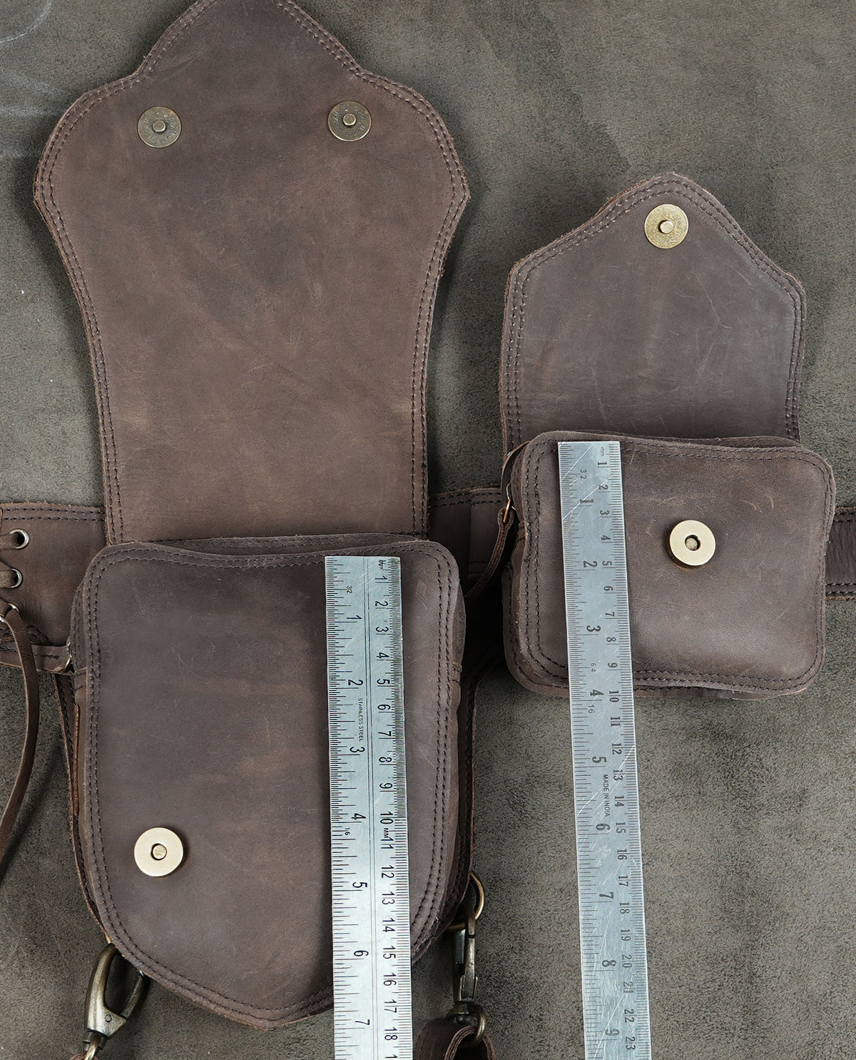 Handmade leather festival bag with extra side pouch attached