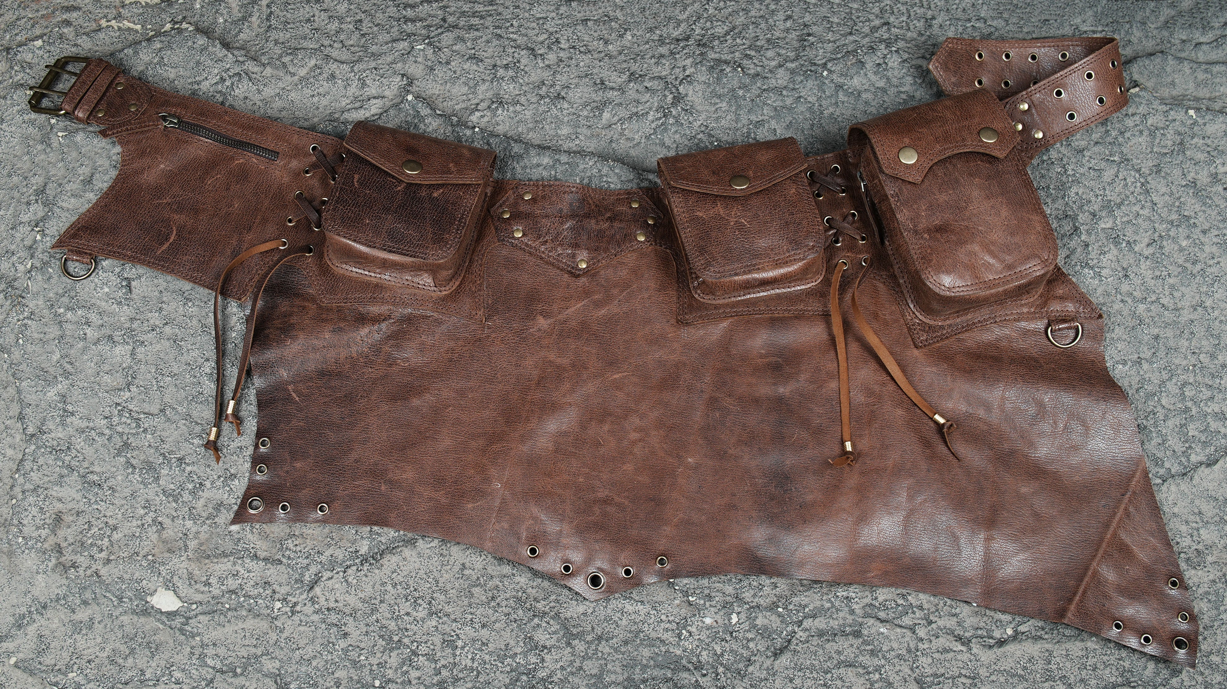 Handmade leather festival skirt with functional pockets