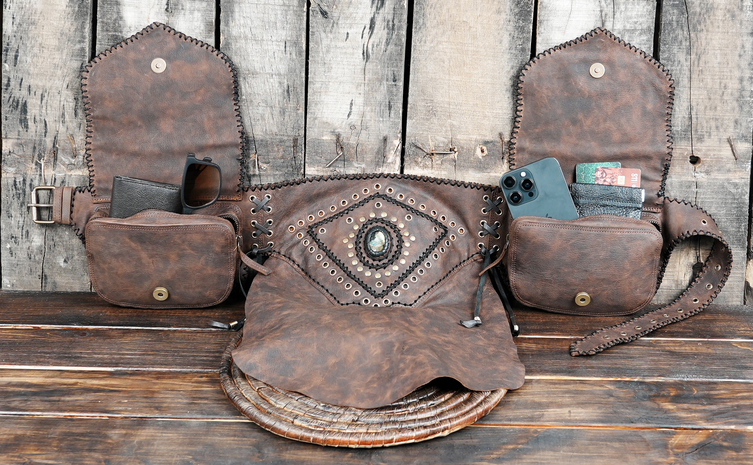 Handmade leather festival skirt with studded diamond panels