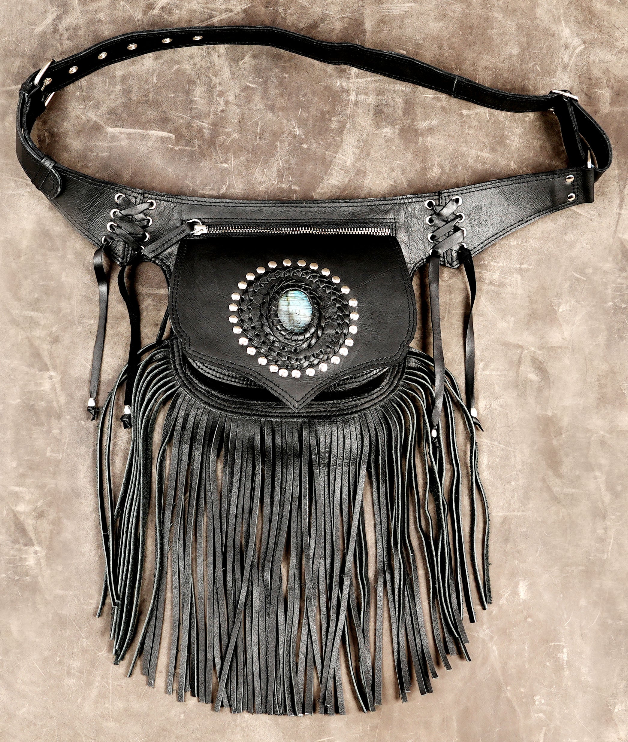 Handmade leather fringe hip bag with labradorite stone centerpiece