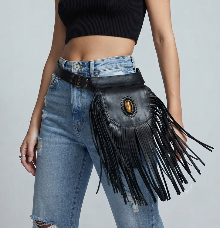 Handmade leather fringe hip bag with tiger eye stone centerpiece