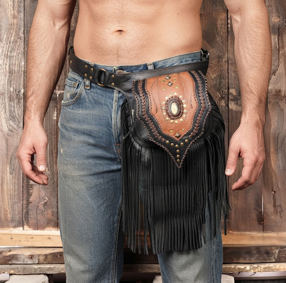 Handmade leather fringe pouch displayed on a dark background