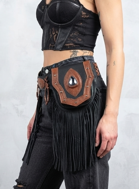 Handmade leather fringe utility belt with double labradorite stones