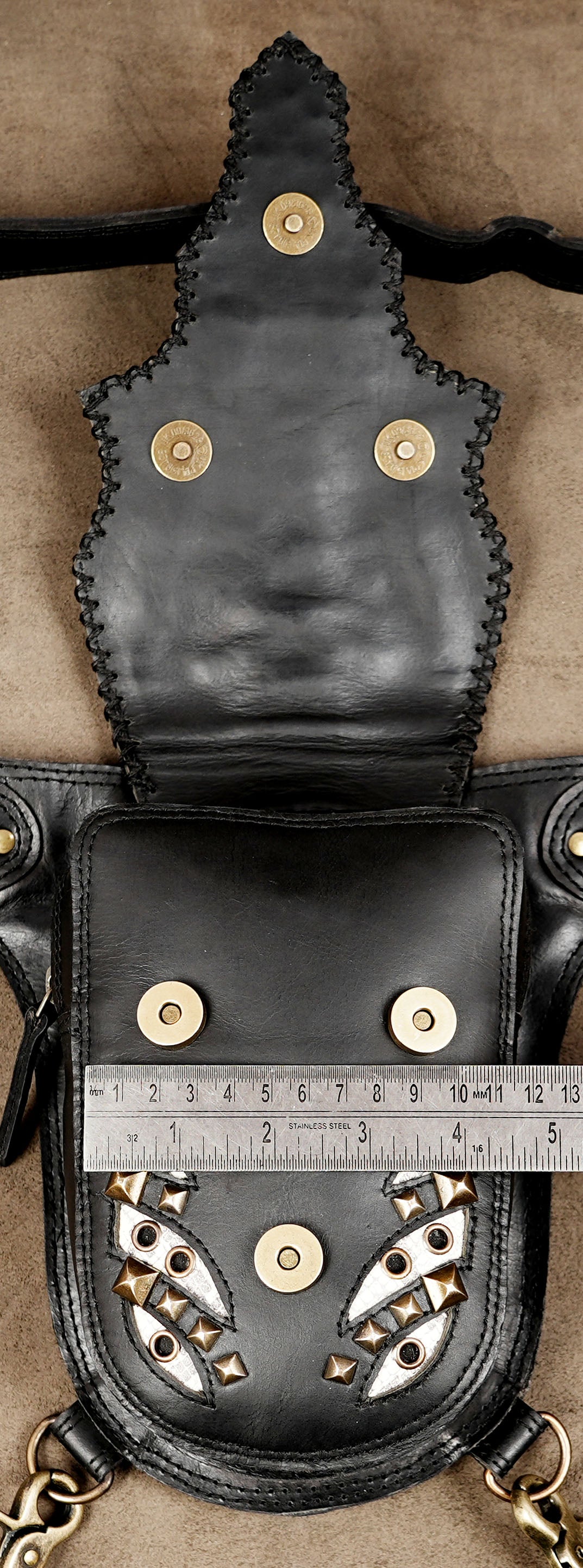 Handmade leather hip and thigh bag with antique brass fittings