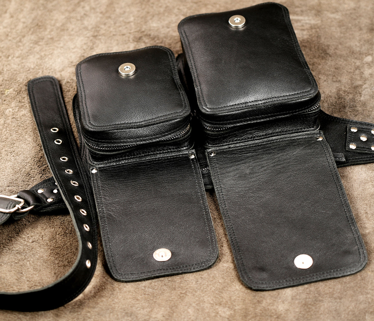 Handmade leather hip bag with adjustable buckle strap
