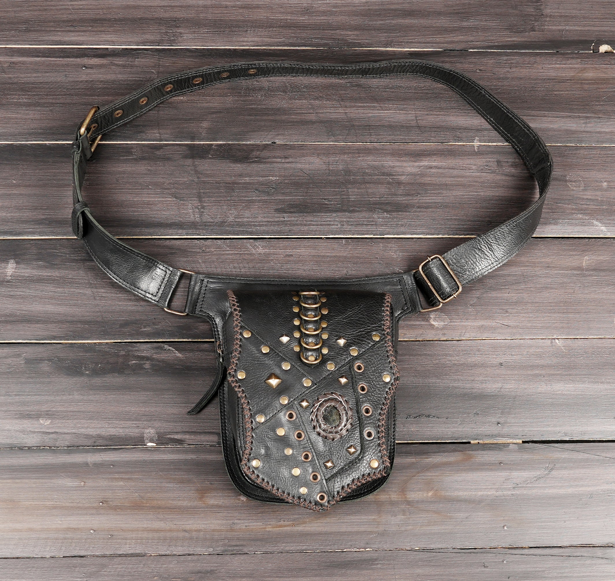 Handmade leather hip bag with brass studs and labradorite stone