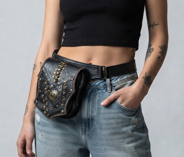 Handmade leather hip bag with brass studs and labradorite stone