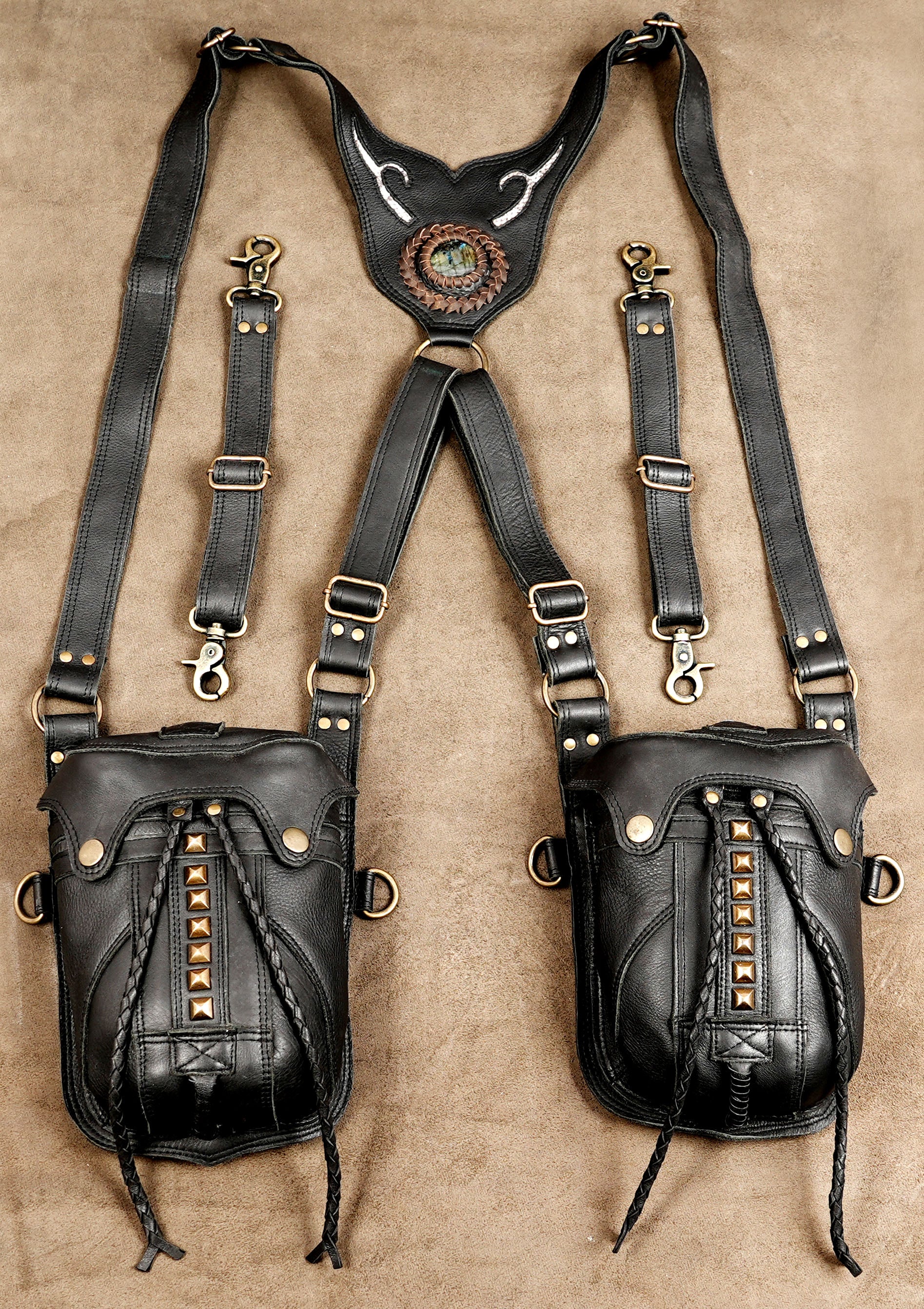 Handmade leather holster harness bag with double studded pouches