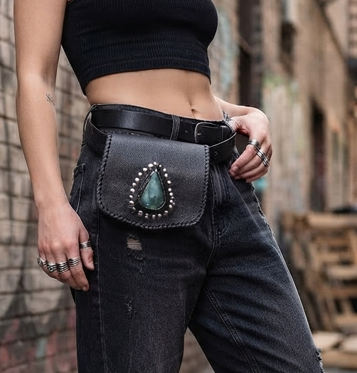 Handmade leather medicine bag with labradorite centerpiece